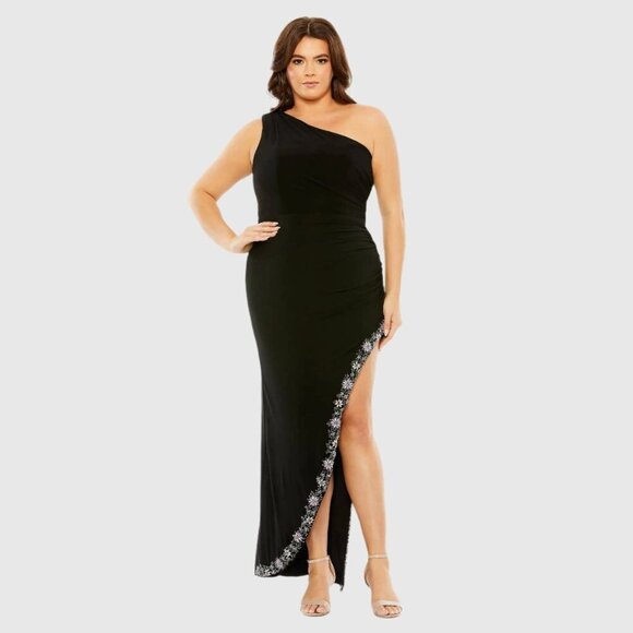 NWT Mac Duggal One Shoulder Asymmetrical Embellished Hem Dress Black 20W #7909 - Picture 1 of 8